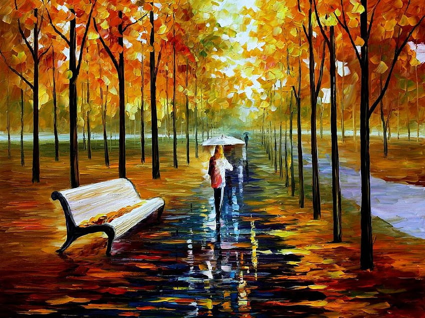 レオニード・アフレモフ - 公園を歩く、傘、アート、人々、木、公園、レオニード・アフレモフ、絵画、秋、乗り物、座席 高画質の壁紙