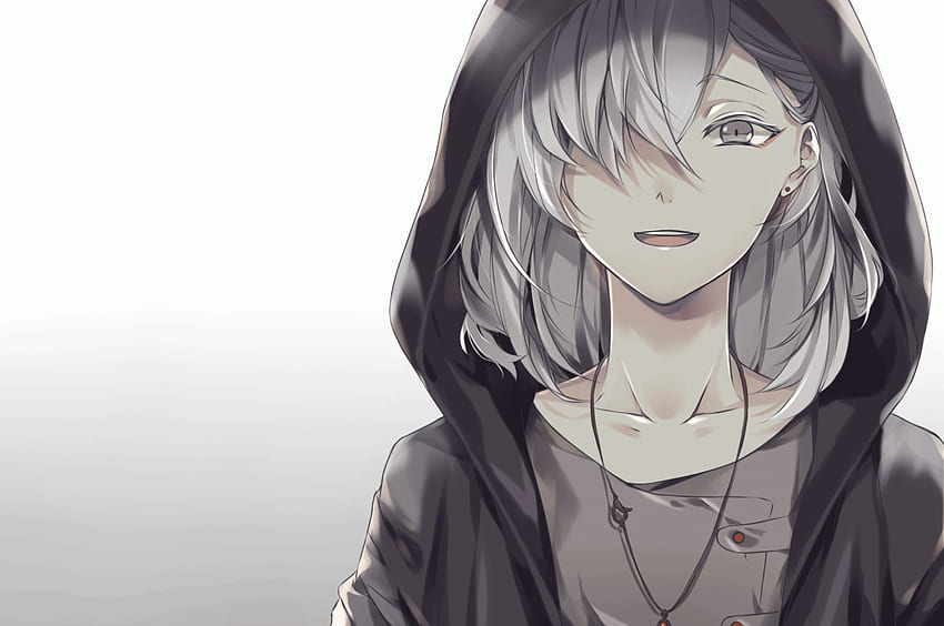 Anime Boy, cheveux blancs, sweat à capuche, souriant, collier, yeux gris pour Chromebook Pixel Fond d'écran HD