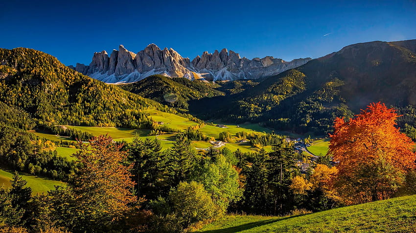 Dolomit, Tyrol Selatan, Santa Maddalena, Italia, bebatuan, pegunungan Alpen, desa, musim gugur, lanskap, pepohonan Wallpaper HD