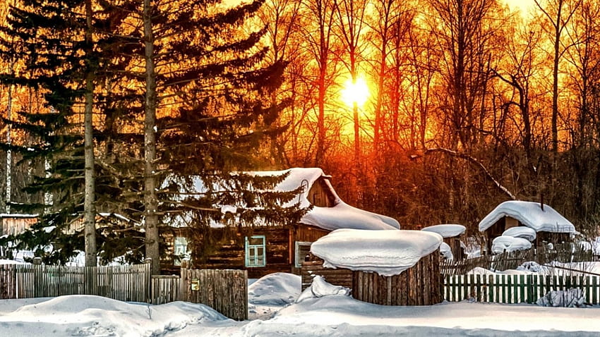 Case invernali, Alberi, Natura, Nevoso, Inverno, Case, Neve, Recinzione, Raggi di luce Sfondo HD