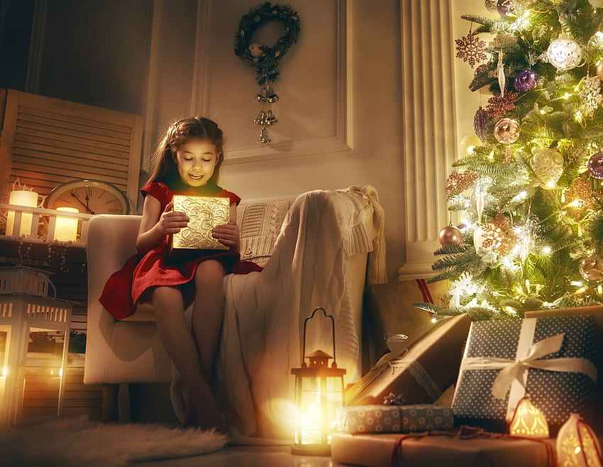 Noel hediyesi, oda, craciun, kız, hediye, copil, ağaç, küçük, noel, çocuk HD duvar kağıdı