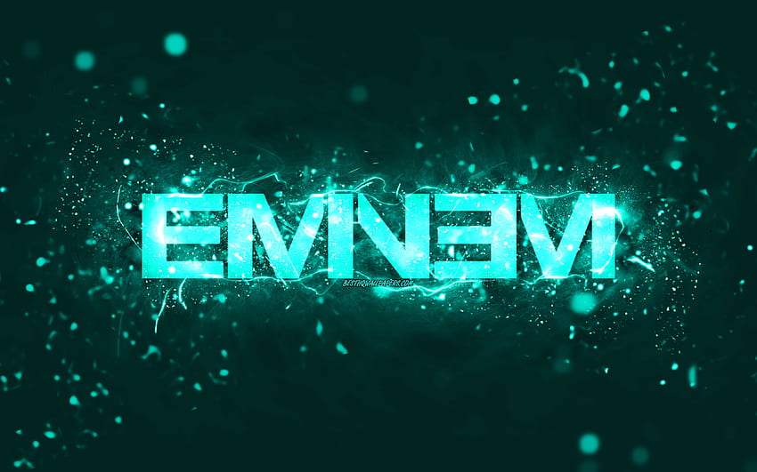 Eminem turquoise logo, , american rapper, turquoise neon lights, creative, turquoise abstract background, Marshall Bruce Mathers III, Eminem logo, music stars, Eminem HD wallpaper