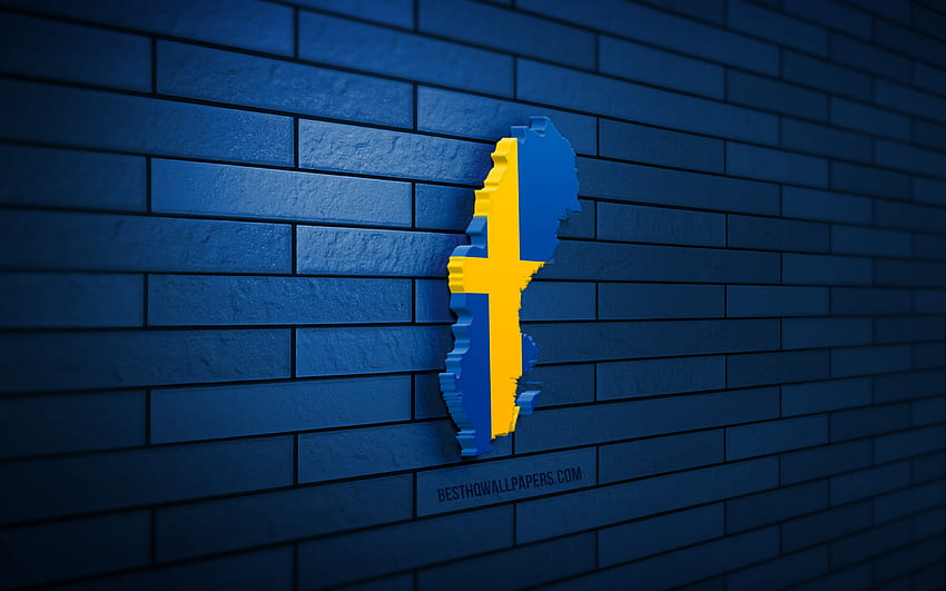 Carte de la Suède, mur de briques bleu, pays européens, silhouette de la carte de la Suède, drapeau de la Suède, Europe, carte suédoise, drapeau suédois, Suède, drapeau de la Suède, carte 3D suédoise Fond d'écran HD