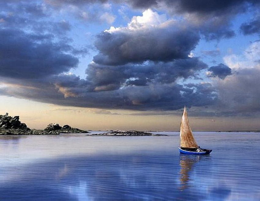 Sail Away, boat, sea, art, man, sailboat, rocks, blue sky, shore, gold sky, clouds, trees, sail, sky, ocean HD wallpaper