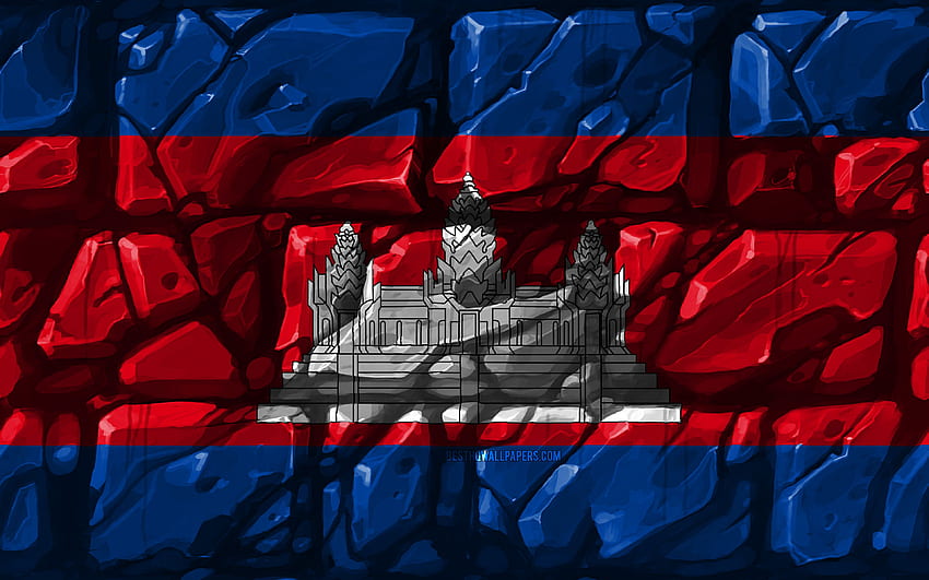Flaga Kambodży, mur z cegły, kraje azjatyckie, symbole narodowe, flaga Kambodży, kreatywny, Kambodża, Azja, flaga Kambodży 3D z rozdzielczością. Wysoka jakość Tapeta HD