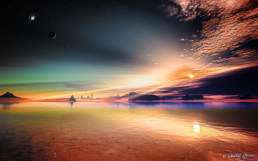 Art alien planet rocks sky stars lakeslandscape reflection sunset, Sci Fi Sunset HD wallpaper