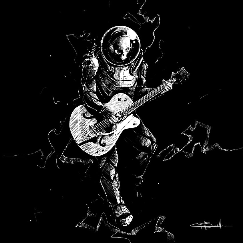 Guitar, Art, Bw, Chb, Guitar Player, Guitarist, Space Suit, Spacesuit, Skeleton HD phone wallpaper
