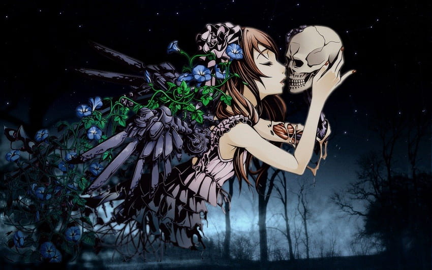 Endless Love, night, anime, love, skull, kiss, romantic, death HD wallpaper