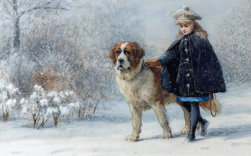 Küçük kız ve köpeği, caine, kış, köpek, otto eerelman, sanat, kız, küçük, copil, boyama, iarna, pictura, kar, çocuk HD duvar kağıdı