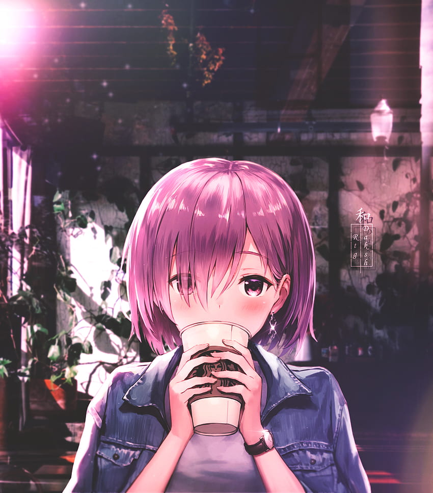 Mash kyrielight, magenta, anime girl, cafe, fate, coffee, fate grand order, anime HD phone wallpaper
