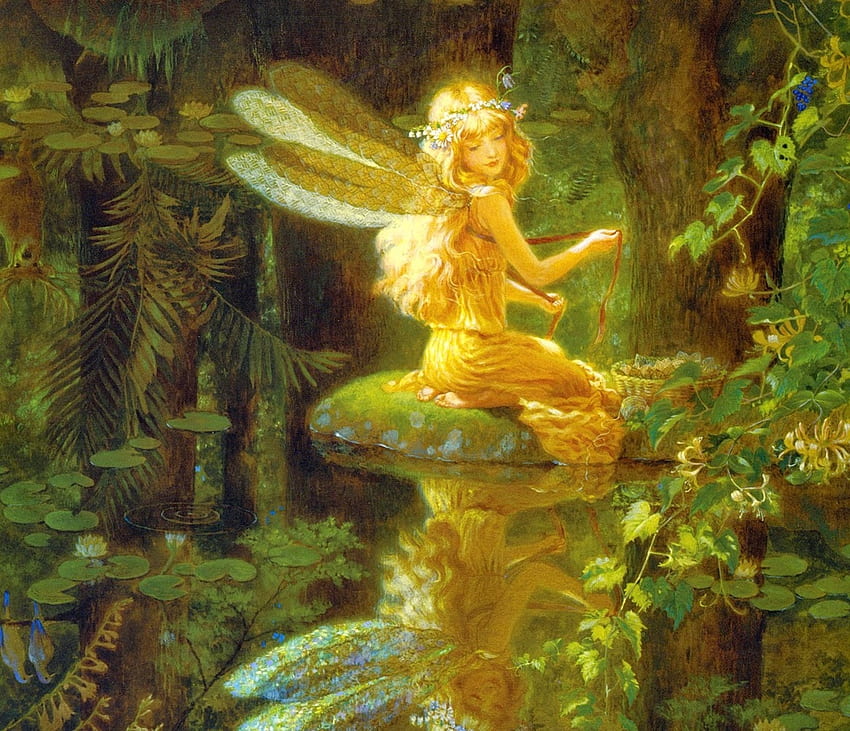 Fairy, fantasy, green, yellow, girl, mushroom, kinuko y craft HD wallpaper