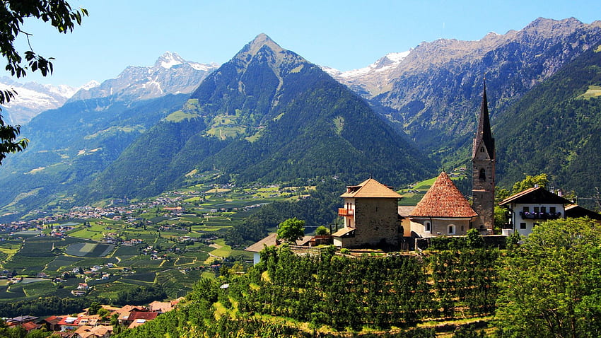 Merano, Tyrol Selatan, Italia, desa, dolomit, lanskap, pohon, vinyard, pegunungan Alpen, rumah Wallpaper HD