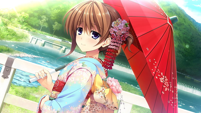 Anime, Chica, Japón, Paraguas, Kimono fondo de pantalla