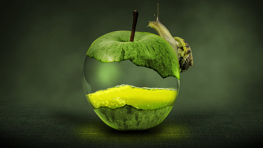 論文 - 緑のリンゴに乗った緑のカタツムリ 高画質の壁紙
