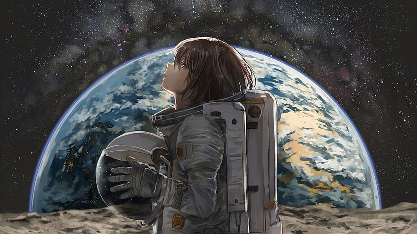 宇宙飛行士 アニメの女の子 地球、女性宇宙飛行士 高画質の壁紙