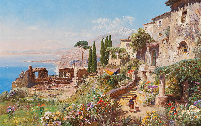 Blick auf das theater in Taormina, Painting, gallery, art, oils HD wallpaper