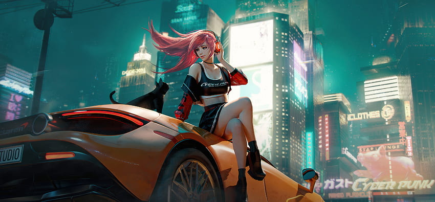 Cyberpunk Anime Girl With Mclaren And Cat , Anime, , , Background, and , Anime Punk Girl HD wallpaper