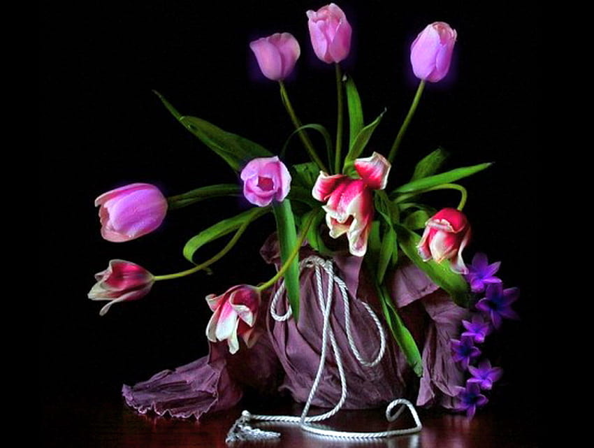 Tulips for Revel, purple, cord, vase, flowers, tulips, arrangement, red and white HD wallpaper