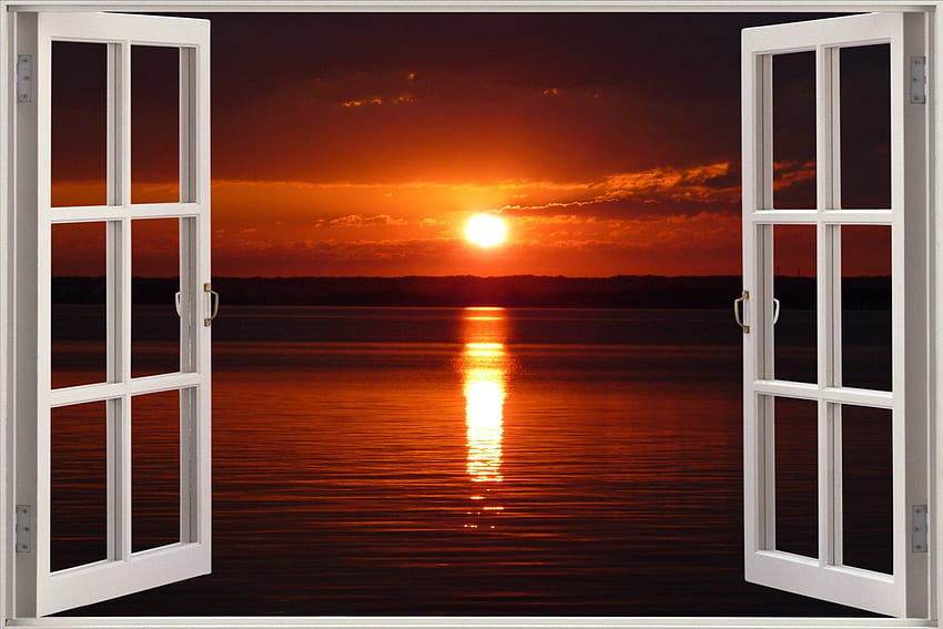 ขนาดใหญ่ 3D Window view Sunset Over Sea สติ๊กเกอร์ติดผนังจิตรกรรมฝาผนัง Art Decal วอลล์เปเปอร์ HD