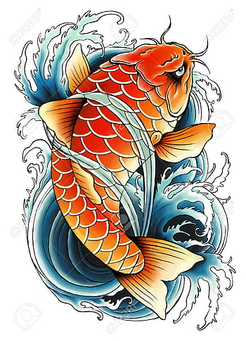 Hand Drawn Japanese Koi Fish Vector for Tattoo Design with Flower and Wave  for Printing on Jacket or T-shirt Style Asian. Stock Vector - Illustration  of colorful, drawn: 177340948