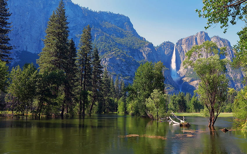 Taman Nasional Yosemite, California, batu, malam, sungai, air terjun, pohon, usa Wallpaper HD