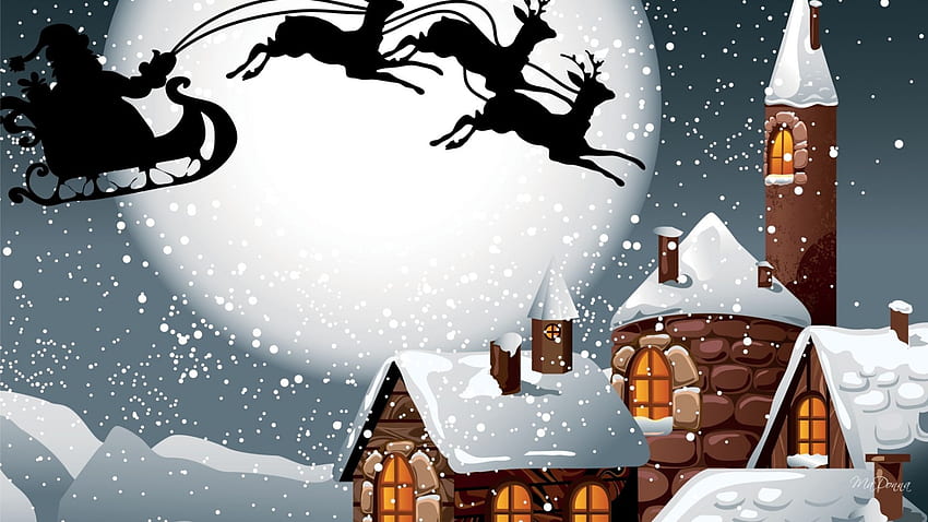 การเดินทางวันคริสต์มาส พระจันทร์เต็มดวง ฤดูหนาว นักบุญนิโคลัส บ้าน ซานตาคลอส เซนต์นิค รถเลื่อน กวางเรนเดียร์ หิมะ หิมะตก อบอุ่น ตอนเย็น บ้าน วอลล์เปเปอร์ HD