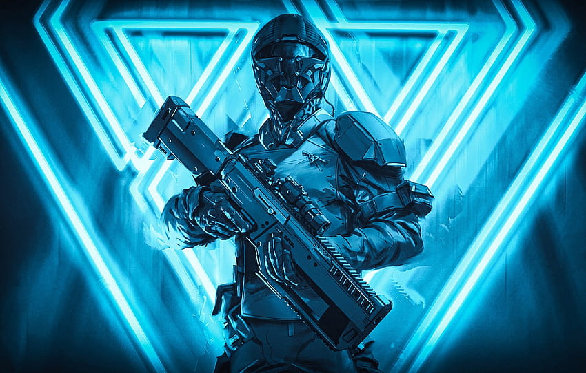 light, pose, future, rendering, weapons, fiction, triangles, warrior, art, costume, helmet, male, blue background, defender, the futuristic, equipment for , section фантастика HD wallpaper