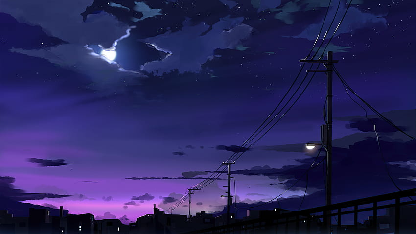 Power Lines Moon Anime Quite Night HD wallpaper
