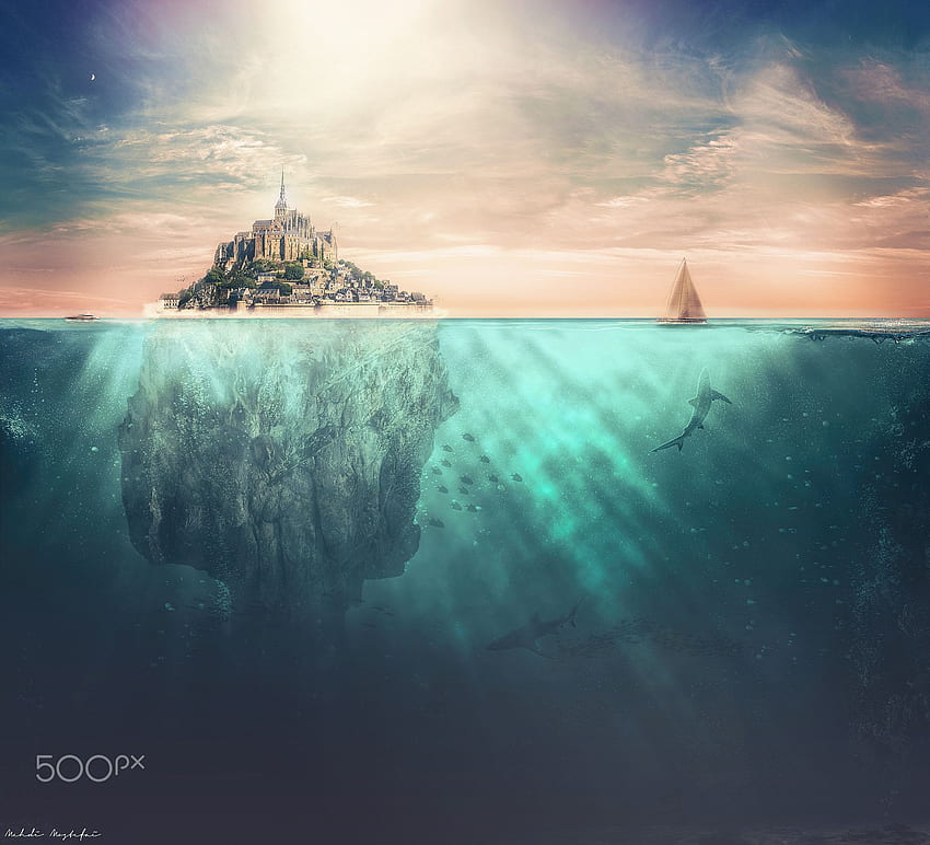 Mei Mostefaï, Digital art, Underwater, Sea, Mont Saint Michel / and Mobile Background, Mont-Saint-Michel HD wallpaper