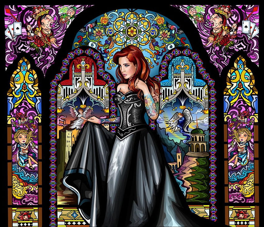 Stained Glass Maiden, maiden, colors, glass, fantasy HD wallpaper