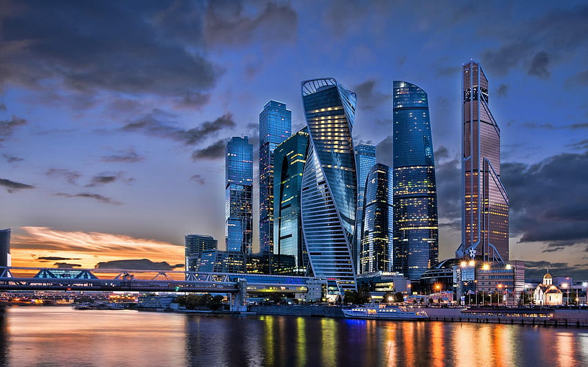 Città di Mosca, R, paesaggi urbani, Russia, tramonto, Mosca, città russe, grattacieli, edifici moderni, punti di riferimento di Mosca con risoluzione. Alta qualità Sfondo HD