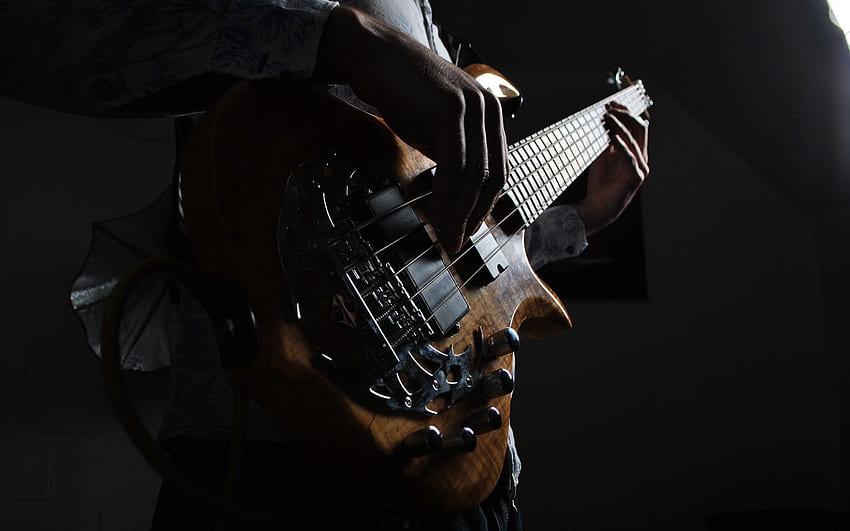guitar, guitarist, musical instrument, strings, bass guitar, dark 16:10 background HD wallpaper