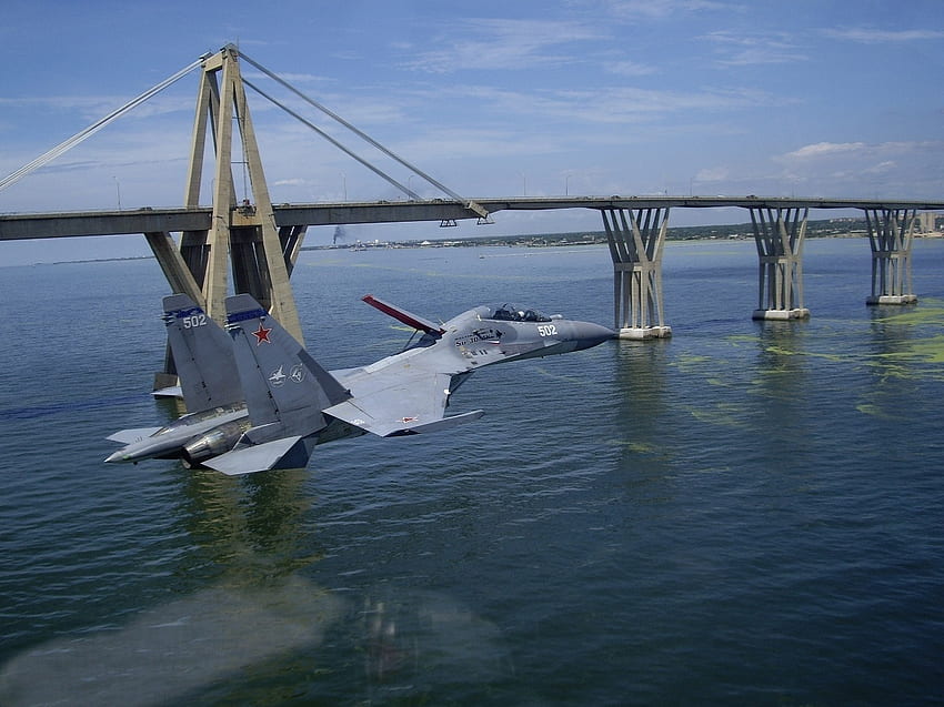 Су-30МК, Су30, реактивен самолет, Сухой, Сухой, мост, МК, вода HD тапет