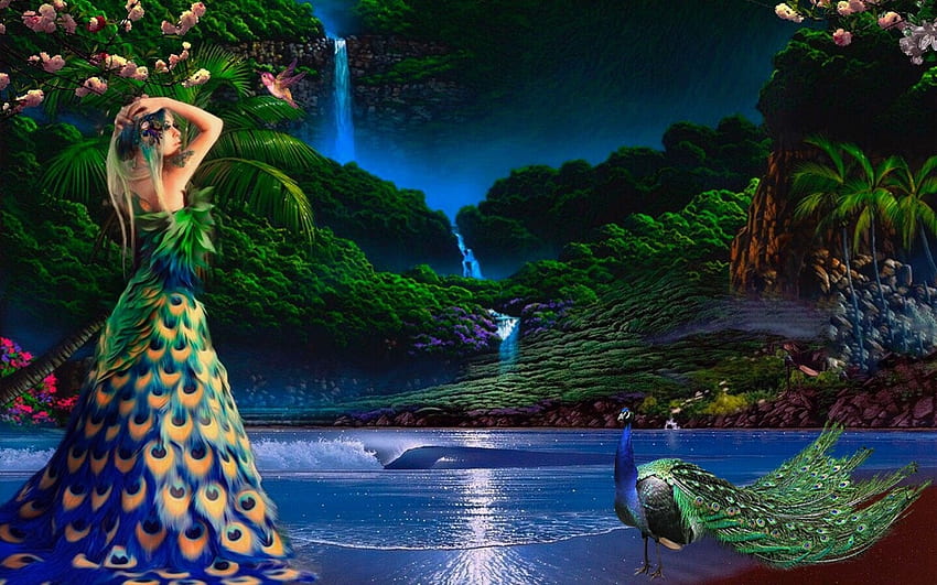 Peacock Paradise เกาะ พาราไดซ์ แปลกใหม่ ความงาม ผู้หญิง แฟนตาซี น้ำตก นกยูง งดงาม มหาสมุทร วอลล์เปเปอร์ HD
