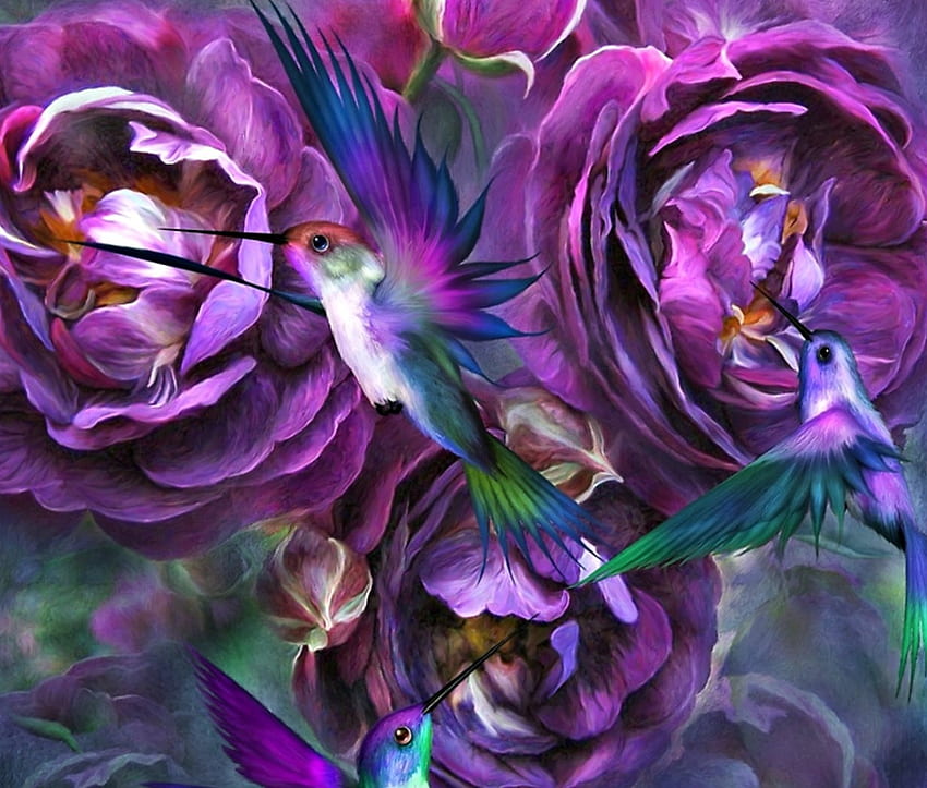 Róża o imieniu violette, niebieski, koliber, ptak, sztuka, colibri, carol cavalaris, fioletowy, różowy, malarstwo, fantasy, pictura, kwiat, zielony Tapeta HD