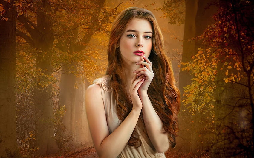 Woman in Autumn, fall, beautiful, feminine, Autumn, woman, browns, lady, pretty, face, redhead, forest HD wallpaper