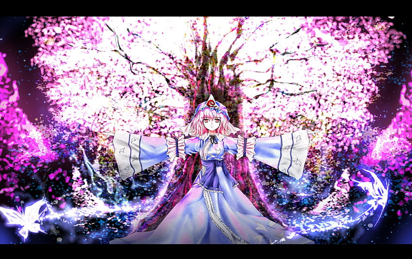 Yuyuko Saigyouji, dziewczyna anime, touhou, różowe włosy, drzewo sakura, sukienka, kapelusz, kwiaty sakury Tapeta HD