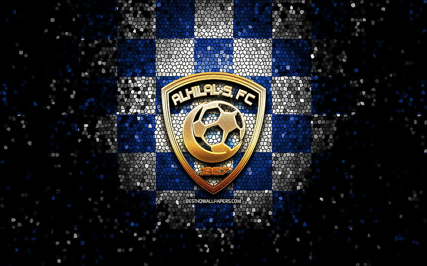 Al Hilal SFC, logo scintillant, Ligue professionnelle saoudienne, fond bleu à carreaux blancs, football, club de football saoudien, logo Al Hilal, art de la mosaïque, Al Hilal, football, Al Hilal FC Fond d'écran HD