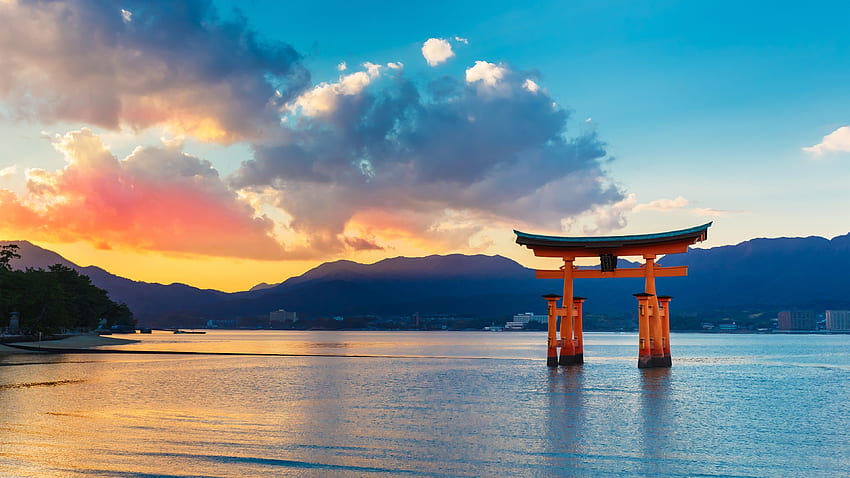 Puerta torii, mar, puesta de sol, Japón U, torii japonés fondo de pantalla