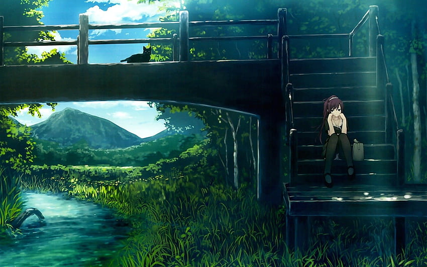 Anime Nature scenery bridge river. Anime scenery, Green Anime Scenery HD wallpaper
