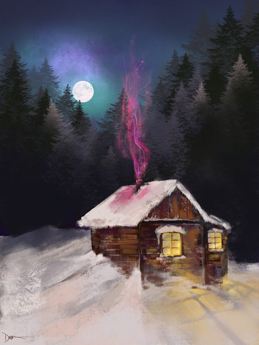 Winter, Art, Smoke, Night, Snow, House HD phone wallpaper