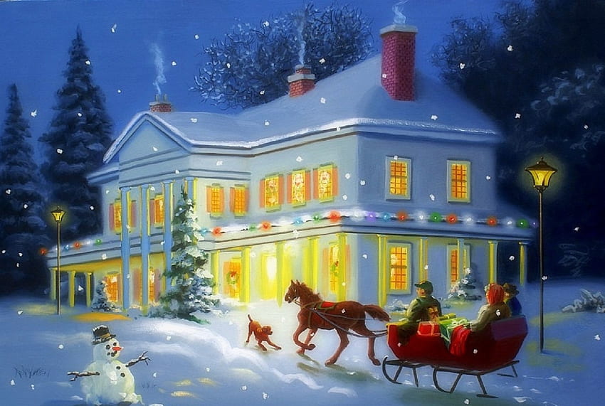 Feliz navidad, invierno, vacaciones, atracciones en sueños, pinturas, casas, muñeco de nieve, amor cuatro estaciones, trineo, nieve, navidad y año nuevo, hogar fondo de pantalla