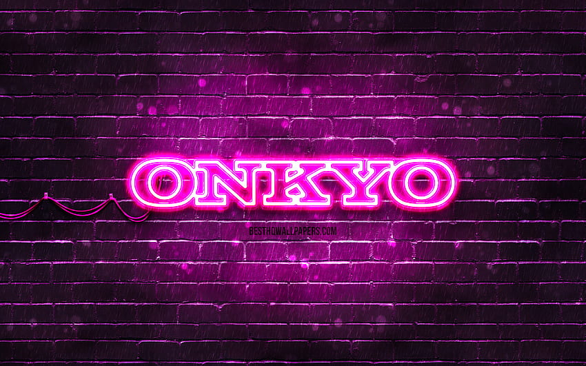 Logo viola Onkyo, muro di mattoni viola, logo Onkyo, marchi, logo neon Onkyo, Onkyo Sfondo HD