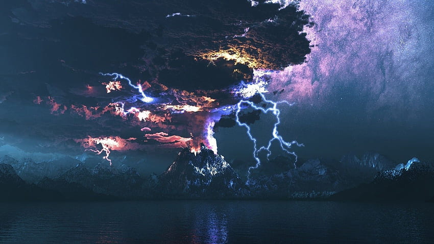 lightning over the volcano eruption. Volcano lightning, Volcano HD wallpaper