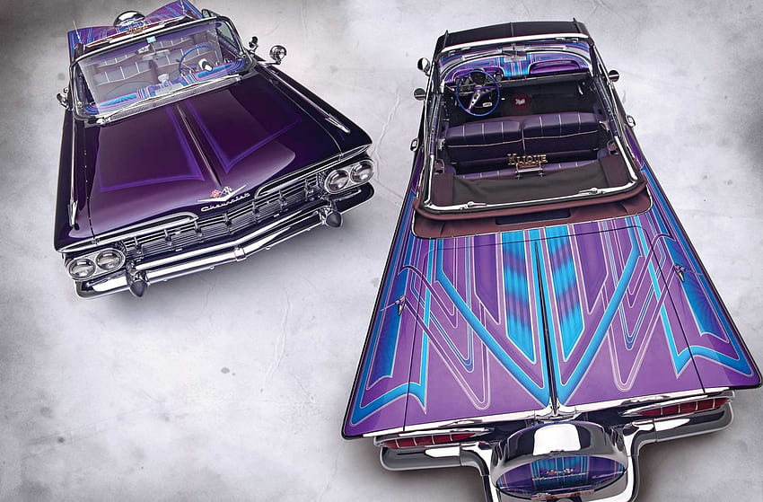 1959-Chevrolet-Impala-Cabrio, Lowrider, Wild Paint, Classic, Lila HD-Hintergrundbild