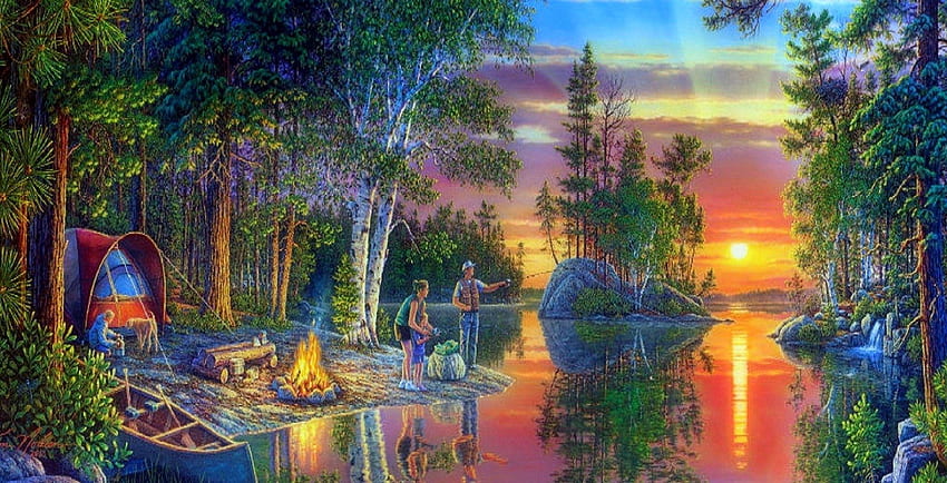 Sunsets: Creative Scenery Camping Dreams Panoramic Colors Paintings, Family Camping HD wallpaper