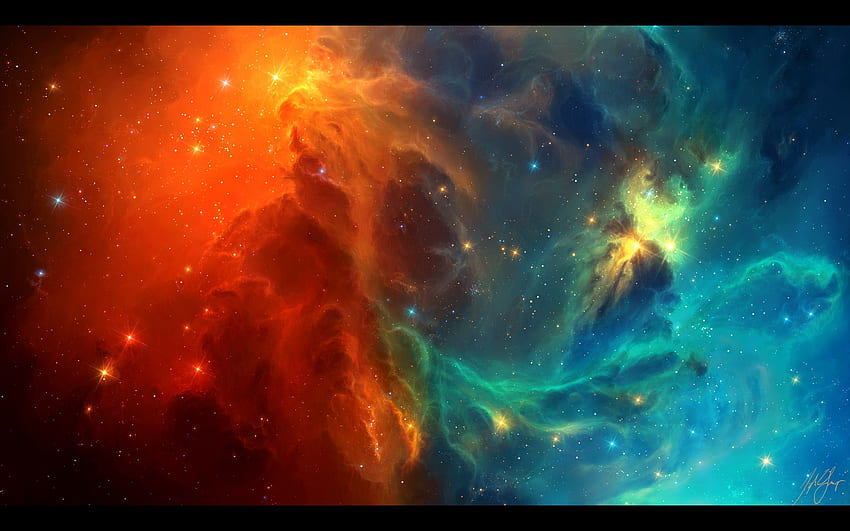 blue outer space red stars fire cold digital art artwork tyler young – HD wallpaper