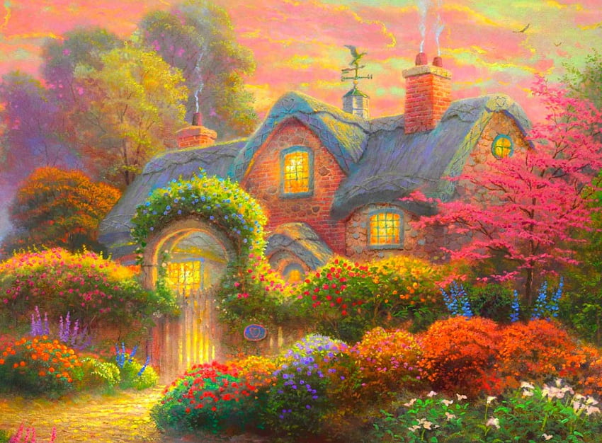 Fairytale, beautiful, plants, painting, house HD wallpaper