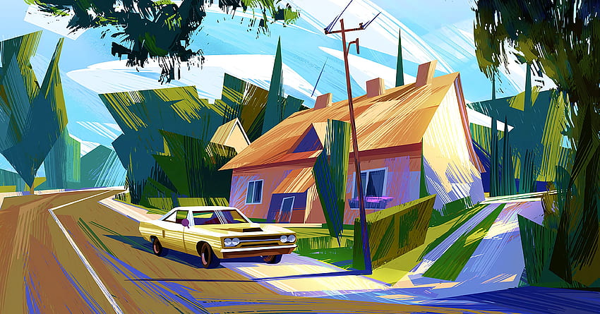 ศิลปะ รถยนต์ บ้านหลังเล็ก บ้านพัก สีสัน สีสัน วอลล์เปเปอร์ HD
