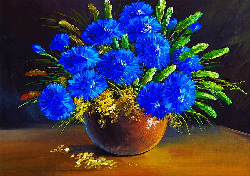 Fleurs dans un vase, vase, fleurs, bouquet, art, beau, parfum, illustrations, nature morte, bluew, peinture, joli, parfum Fond d'écran HD